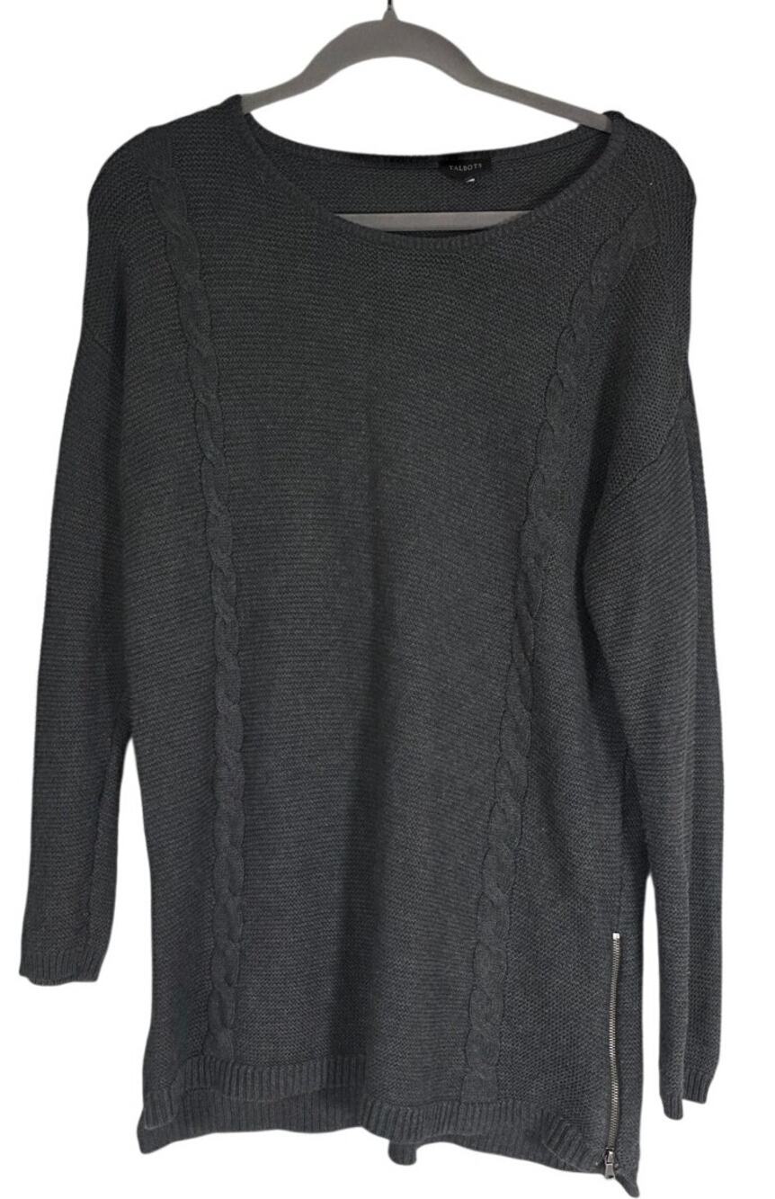 Talbots Women's Medium Gray Cable Knit Zip Hem Sweater Minimalist Cozy Office